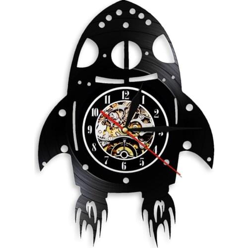 Retro Rocket Ship Wall Clock with LED Backlight Personalised Outer Space Theme Watch Children Kid Boy Nursery Playroom Decor