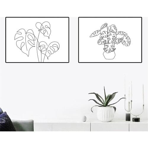 Nordic Monstera Leaf Plant Wall Art Poster And Print Botanical Line Drawing Canvas Painting Minimalist Lines Pictures Home Decor