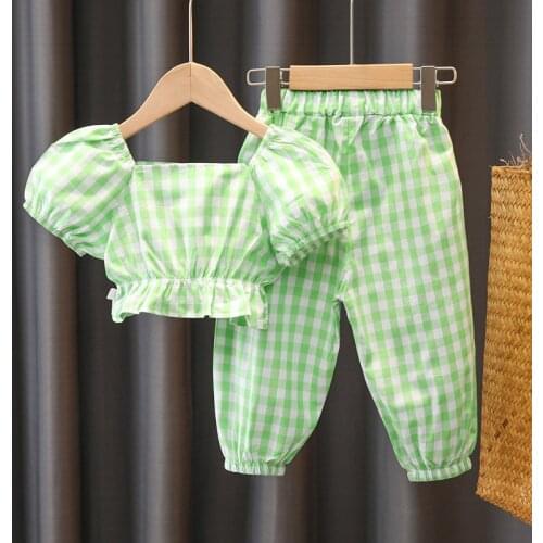 2021 new girls kids summer clothes baby outfit sets plaid top pants suits for toddler girls children clothing baby birthday sets