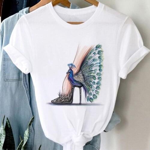 2021 New Womens Tshirt Harajuku Fashion Animal High Heels Printed Ladies T Shirt Summer Short Sleeve Tops White Womans T-shirt