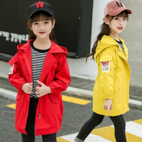 Girls Clothes 4-14 Years Spring Autumn Hooded Long Sleeve Fashion Armband Coat Girls Mid-Long Warm Windbreaker Outdoor Jacket