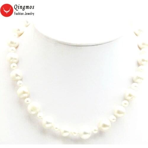 Qingmos Natural Pearl Necklace for Women with 6-7mm & 11-12mm Round White Freshwater Pearl Chokers Necklace Jewelry 17" nec6510