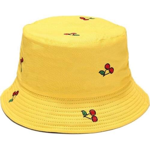Men Women Summer Double-sided Two-color Cherry Print Bucket Cotton Cap Wide Brim Travel Sunscreen Fishing Fisherman Sun Hat U76
