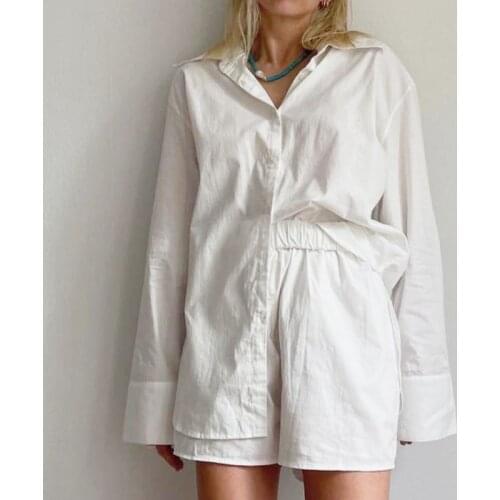 Casual Tracksuits Two Pieces Set Women Shirts Blouse Spring Single Breasted Long Sleeve Blouse Suits Elastic Waist Shorts Set