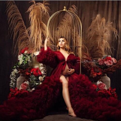 Luxury See Thru Puffy Ruffle Tiered Tulle Long Maternity Dress Photo Shoot Baby Show Trendy Fluffly Mesh Maternity Robes 2021