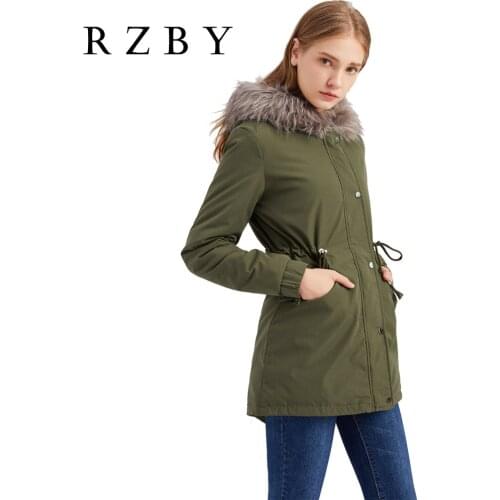 RZBY 2020 New Winter Womens Fashion Casual Loose Windproof Warm Brand Large Size Hooded Fur Collar Flocked Cotton Coat Parka