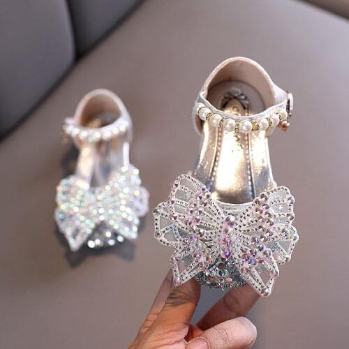 Toddler Sandals Summer Baby Girl Shoes Fashion Sequins Rhinestone Kids Princess Shoes Pearl Bowtie Flat Girls Leather Shoes