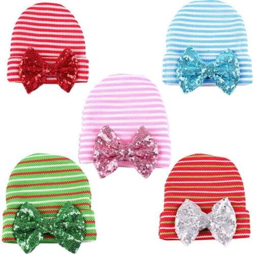 Newborn Baby Girl Hat Sequined Bowknot Bebe Infant Striped Bonnet Bling bling Bow Beanie Christmas Toddler Cap Accessories