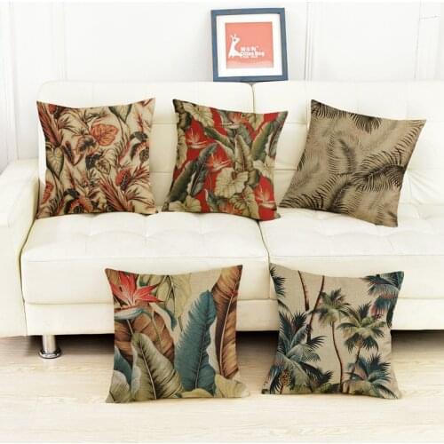 Retro Style Tropical Foliage Vintage Leaf Linen Throw Pillow Case Home Hotel Sofa Chair Decorative Cushion Cover 45x45cm