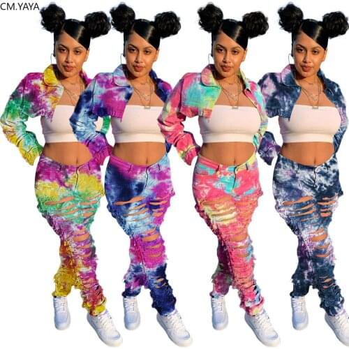 CM.YAYA High Street Tie Dye Denim Womens Suit Two Piece Set Mini Denim Coat Hole Jeans Pants Set Tracksuit Outfit Matching Set