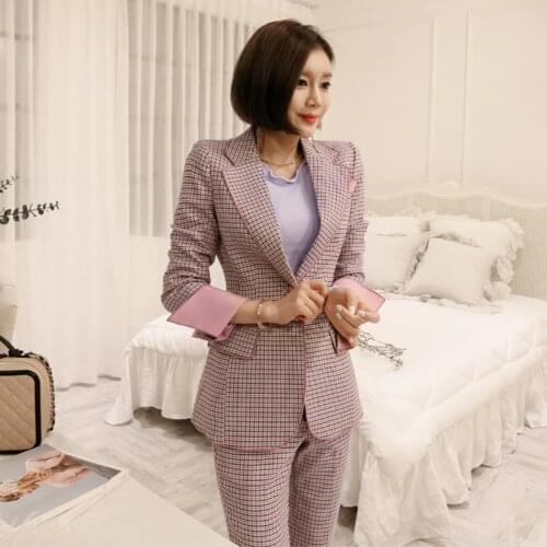 Womens suit Female 2019 new fashion lattice lapel small suit jacket trousers two-piece temperament elegant casual business wear