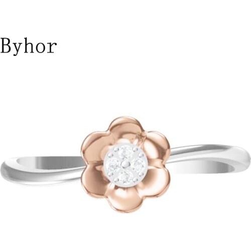 Byhor Solid 14K White+Rose Gold 0.032ct H/SI Natural Diamonds ring Women Fine Jewelry Trendy Engagement Wedding Band flower Ring