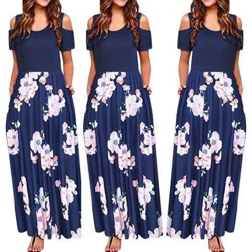 Women Floral Print Dress Pocket Elegant Maxi Dresses Short Sleeve Loose Casual Long Dress Vestiti Donna Estate #G2