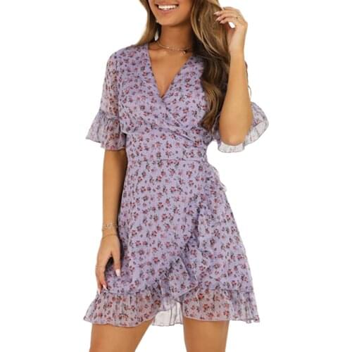 Boho Floral Dress Women Summer V Neck Sexy Tunic Cocktail Short Sleeve Mini Sundress Holiday Beach Vestidos