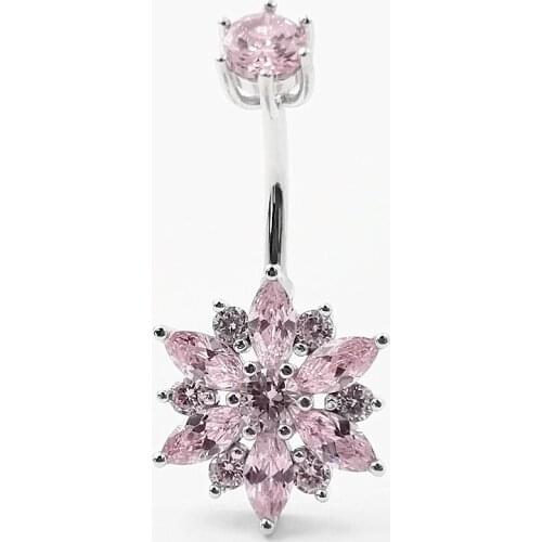 Body Jewelry Decorations Piercing Navel 925 Sterling Silver Hypoallergenic Pink Zircon Flower For Women Belly Button Rings