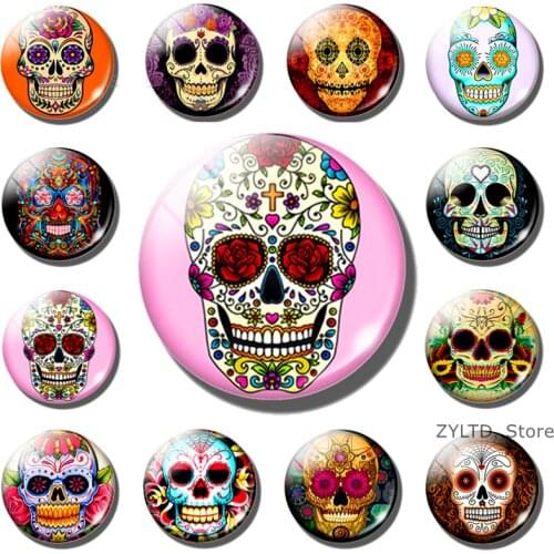 Sugar Skull Fridge Magnet 12PCS Set Mexico Folk Art Cartoon Refrigerator Magnets Skull Stickers 30MM Glass Cabochon Home Decor