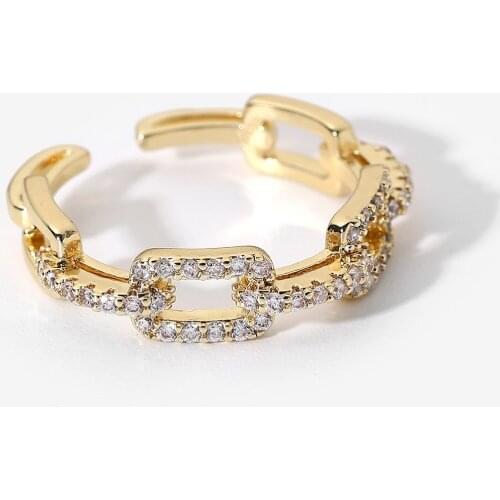 18k Gold Plated Cooper Shiny Full Zircon Geometric Link Chain Rings For Women Adjustable Open Design Rings