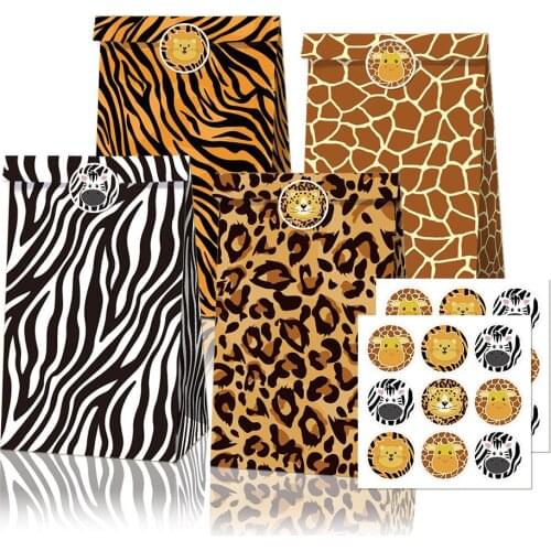 24 X Leopard Tote Bag Zebra Lion Tiger Cow Animal Candy Packaging Wedding Birthday Party Gift Paper Bag With Stickers