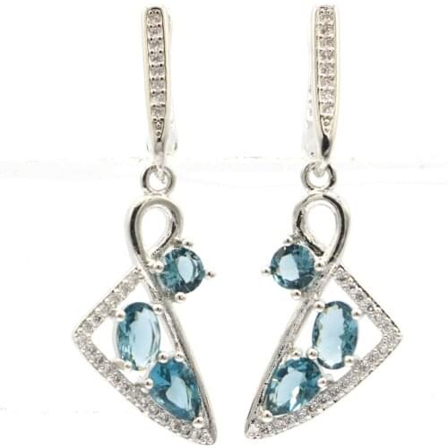 39x13mm Lovely Cute Created London Blue Topaz Bright Zircon Gift For Women Wedding Silver Earrings