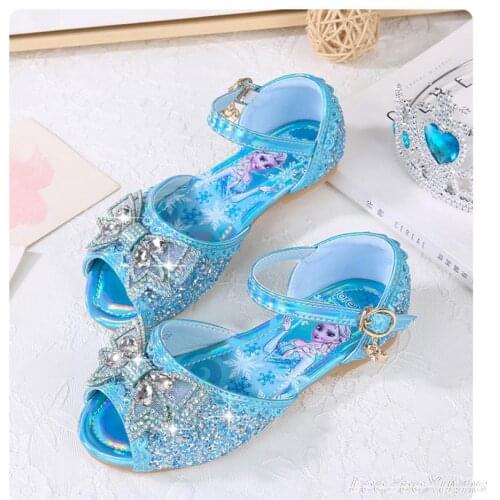 Disney Frozen Baby Girl Shoes Elsa Princess Bow knot Sequined Rhinestone Crystal Pearl Buckle Straps Flat Sandals For Children