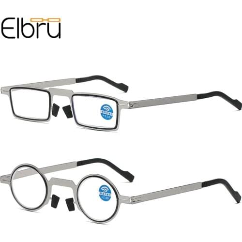 Elbru Retro Fashion Anti Blue Light Reading Glasses Ultralight Metal Round Square Frame Presbyopia Eyeglasses Diopters +1.0 +4.0