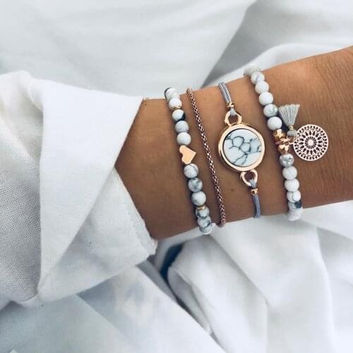 F1686 Han Zhishang European and American Cross-Border Hand Jewelry New Love Tassels round Stone Four-Piece Set Bracelet