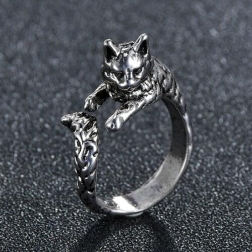 Gothic Vintage Long Tail Cat Rings for Men Women Punk Cute Animal Ring Womens Trend Jewelry Gift