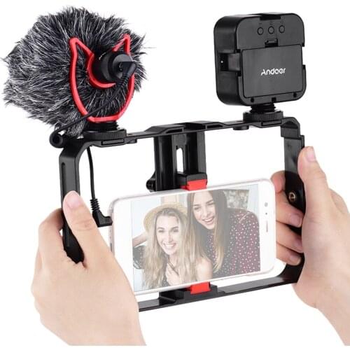 Andoer Smartphone Video Cage Kit with Mini LED Fill Lights Mini Microphone Cold Shoe Mounts for Phone Recording Live Streaming