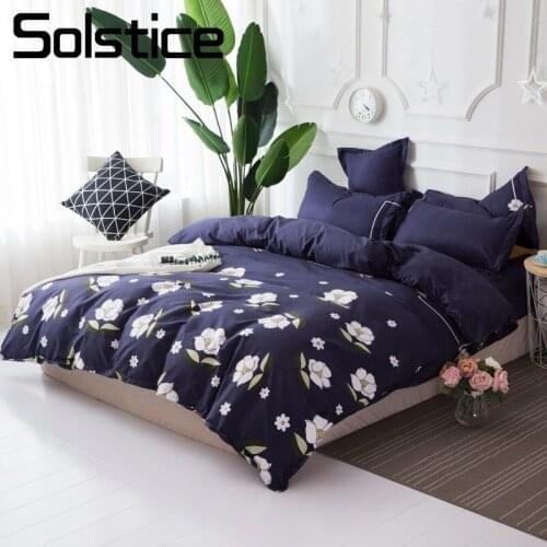 Solstice Home Textile Deep Blue Duvet Quilt Cover Pillowcase Flat Sheet Flower Girl Bedding Sets Kid Teenage Adult Linens 3/4Pcs