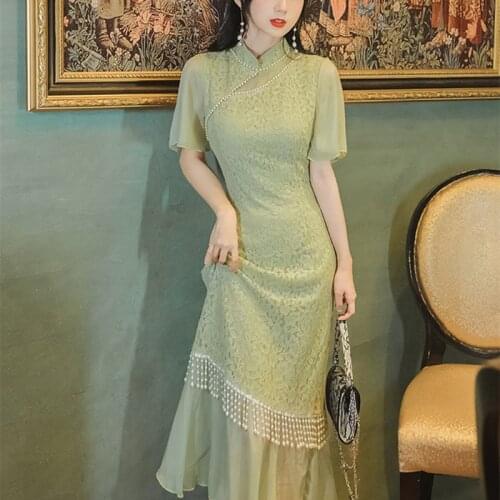 Pearl Tassel Lace Slim Elegant Cheongsam Green Maxi Dress Summer Chinese Style Chiffon Lace Retro Dresses Vestido de mujer
