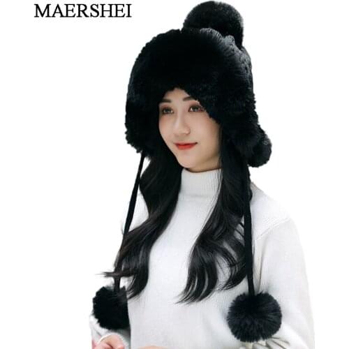 Hot Sale Female Winter Knitted Hats Warm Fur Winter Hats For Women With Keep Face Warmer Balaclava Pompoms Cap