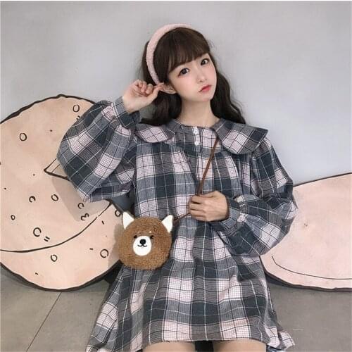 Sweet Women Dress Loose Plaid Loose Rabbit ear Sailor collar Cute Preppy style dress female bing 2020 HOT kobieta sukienka