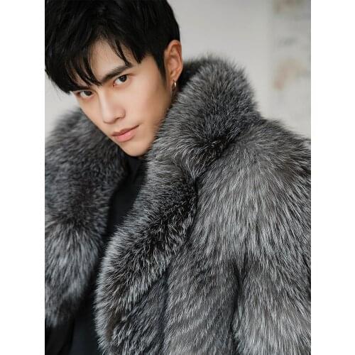 Winter Real Fur Coat Men Fox Fur Jacket Long Natural Silver Fox Coat Warm Luxury Jackets for Men Overcoat 18156 KJ3316