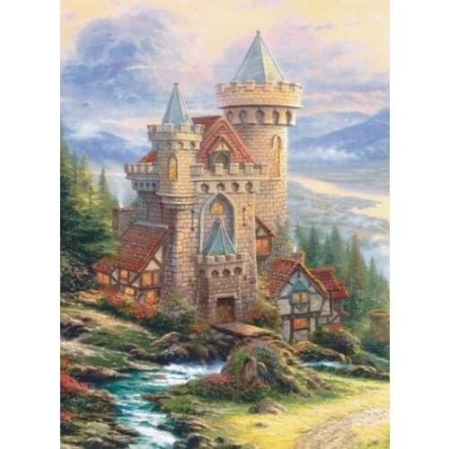 European Castle Mountains Scene Arts Needlework 14CT Canvas Unprinted Handmade Embroidery Aide Cross Stitch Kits DIY Home Decor