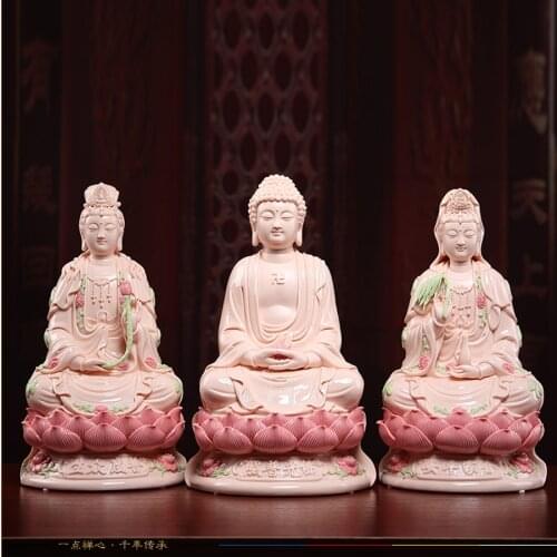 A set 3PCS HOME shrine protection High grade jade ceramic XI FANG SANSHENG Guan yin Amitabha Mahasthamaprapta Buddha statue