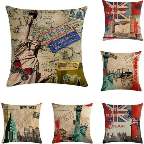 Flag Cushion Cover Cotton Linen Vintage France Tower Statue of Liberty Pattern Pillowcase 45x45cm Pillow Cover Home Living ZY354