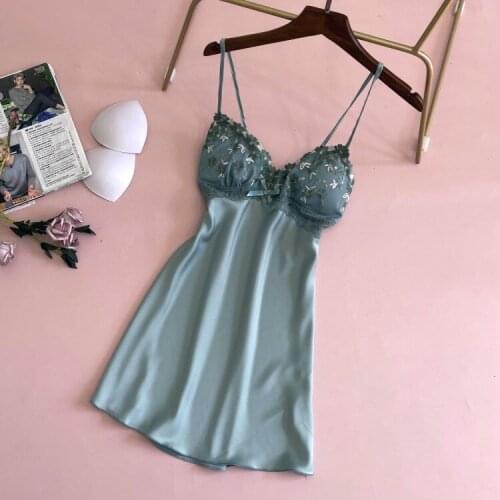 Sexy Mini V-Neck Nightgown Summer Lady Satin Embroidery Sleepwear Sleeveless Nightdress Casual Loose Intimate Lingerie Homewear