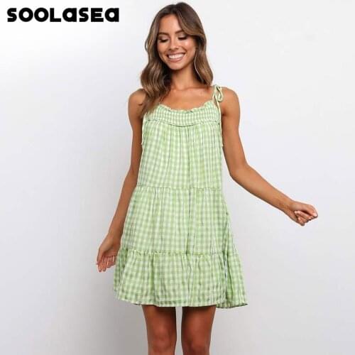 Soolasea Casual Green Plaid Women Dress Summer Sexy Slash Neck Holiday Style Mini Dress Elegant High-waist Ruffle Dress Vestidos
