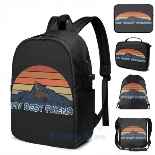 Graphic print My Best Friend Doberman Doberman Dog Sunset Mountain Grainy Artsy USB Charge Backpack men School Travel laptop bag
