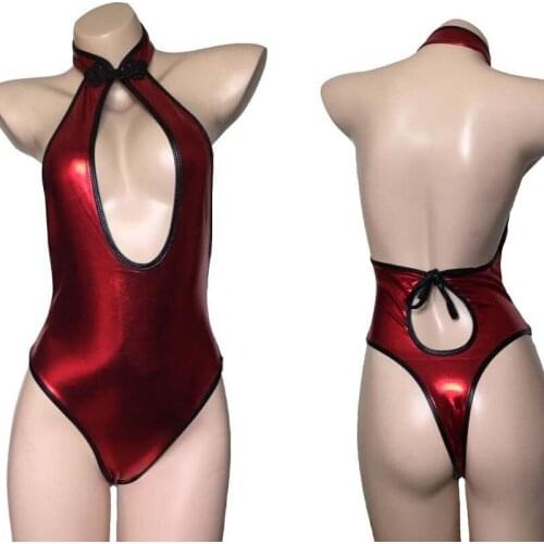 Sexy Womens Shiny Metallic Leather Wet Look Hollow Out Leotard Bodysuit Mistress Fetish Wear Teddy Lingerie Chipao Costume