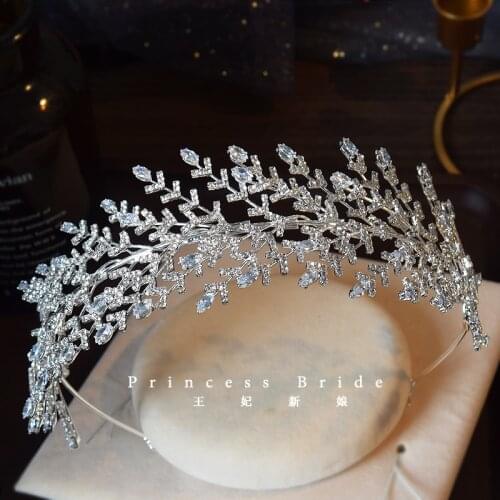 Silver Luxury Leaf Bridal Crown Wedding Headdress Zircon Headband Heel Makeup