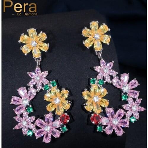 Pera Trendy Silver Color Ear Jewelry AAA+ Yellow Pink Green Red Crystal Stone Big Dangle Long Flower Drop Earring For Women E170