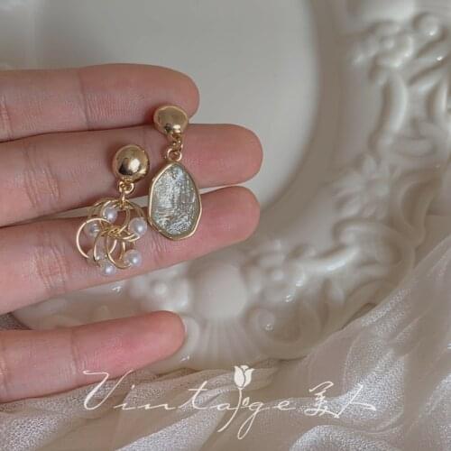 Gray Retro Vintage Elegant Simple Asymmetric Gemstone Pearl Wedding Earrings Drop Earrings Jewelry for Women Gift 2021 New