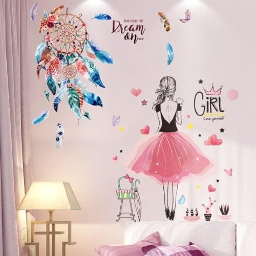 [shijuekongjian] Cartoon Girl Wall Stickers DIY Dreamcatcher Feathers Mural Decals for Kids Rooms Baby Bedroom House Decoration