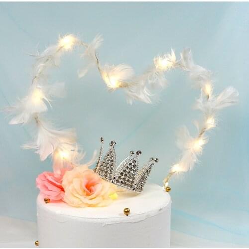 LED Light Feather Heart Cake Toppers Cupcake Dessert Topper Birthday Cake Decoration Wedding Festival Party Supplies Gift