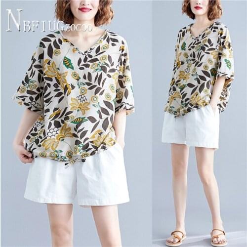 Loose Plus Size Cotton Linen Women Blouse 2021 Summer V Neck Female Blouses