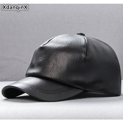 XdanqinX Elegant Womens Ponytail Genuine Leather Cap Adjustable Size Men Sheepskin Leather Baseball Caps Autumn Snapback Hat