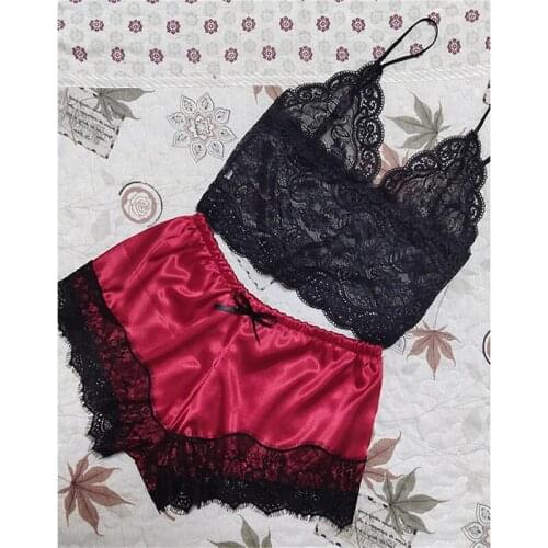 Womens Pajamas Sexy Lace Satin Sleepwear Lingerie Shorts Female Pajama Underwear Pyjama Home Suit Pijama Pour Femme Pajama Sets