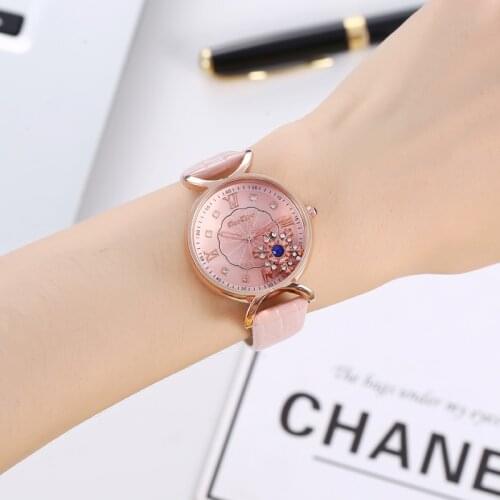 Creative Double-layered Glass Dial Women Watch Fashion Rolling Rhinestones Quartz Watches Women New Leather Reloj Mujer