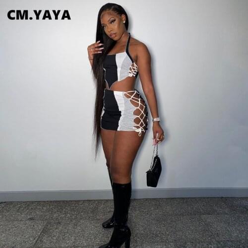 CM.YAYA Women Set Patchwork Strap Crop Tops Bandage Hollow Out Skinny Mini Skirts Two 2 Piece Sets Tracksuit Sexy Outfit Summer
